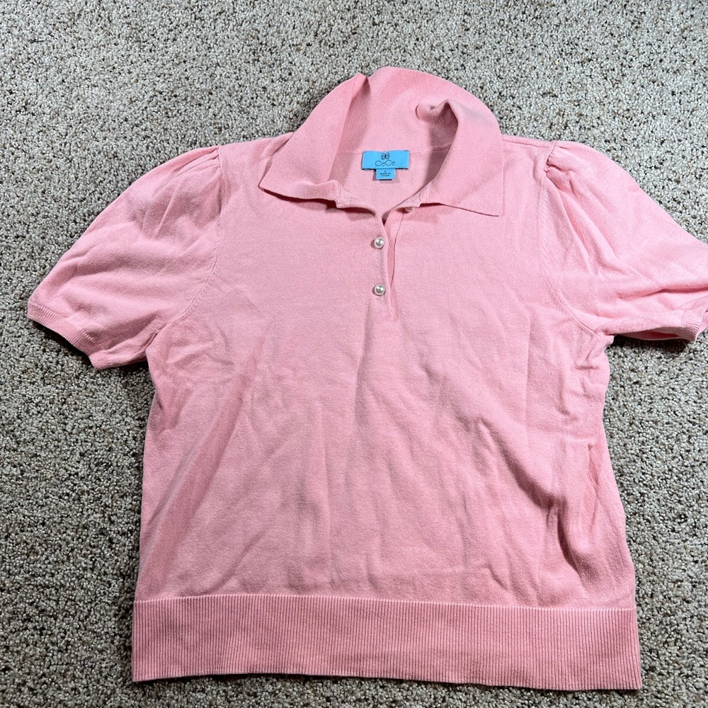 CeCe short-sleeve knit polo with pearl buttons and puffed sleeves Sz s